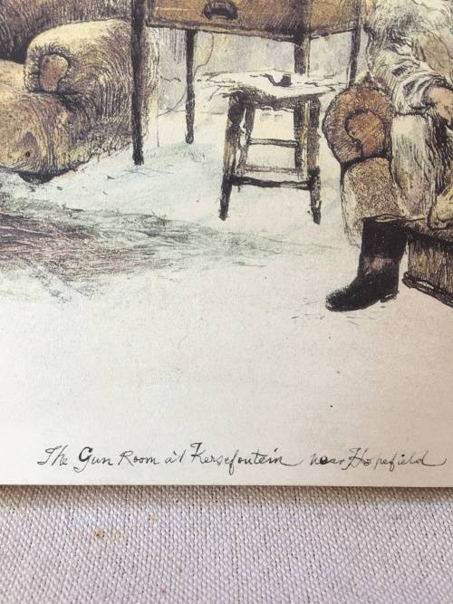 WOW !!! AN OLD PRINT ON BLOCK BOARD "The gun room at Kersefontein near Hopefield" signed