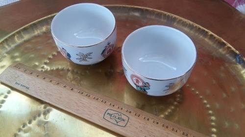 Chinese White porcelain Sauce bowls. Painted with children holding up discs with calligraphy. 7.5 cm