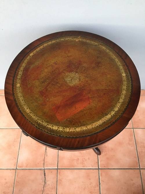 WOW !!!!! EXQUISITE ANTIQUE LEATHER INLAID 3 DRAWER DRUM TOP TABLE