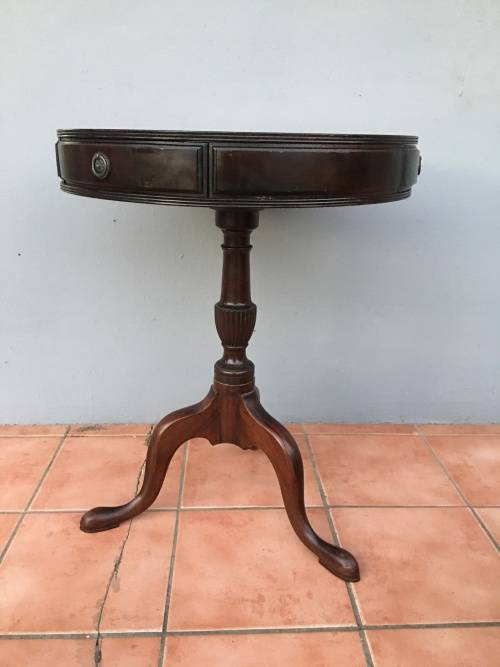 WOW !!!!! EXQUISITE ANTIQUE LEATHER INLAID 3 DRAWER DRUM TOP TABLE