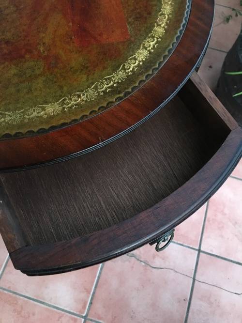 WOW !!!!! EXQUISITE ANTIQUE LEATHER INLAID 3 DRAWER DRUM TOP TABLE