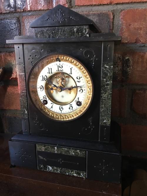 WOW !!! Gorgeous antique Ansonia marble cased mantle clock in pristine condition c1882