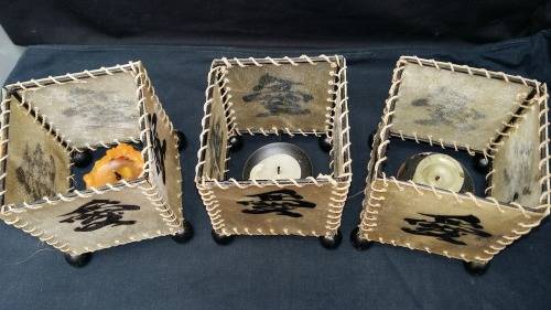 3 Stunning Vintage Pig Skin Chinese Candle holders with calligraphy. 11x11x13cm high