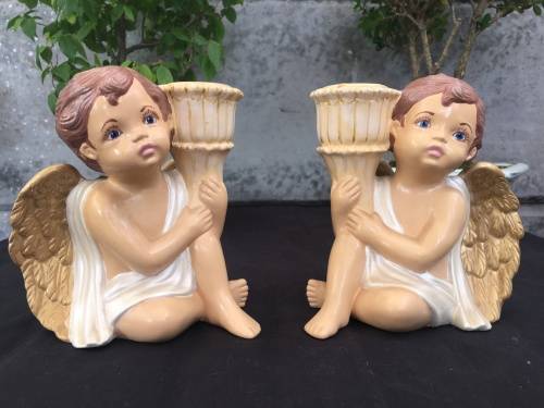 WOW !!! STUNNING PAIR OF HAND PAINTED CERAMIC ANGEL CANDLESTICK HOLDER OR BUD VASE ~ TOO CUTE