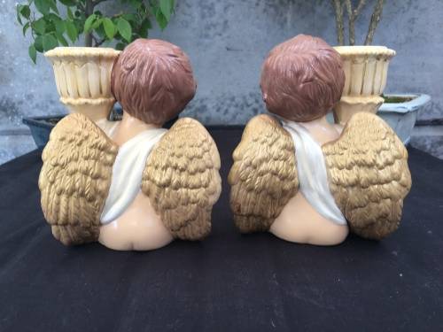 WOW !!! STUNNING PAIR OF HAND PAINTED CERAMIC ANGEL CANDLESTICK HOLDER OR BUD VASE ~ TOO CUTE