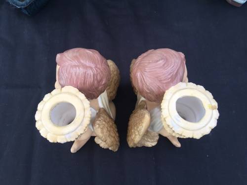 WOW !!! STUNNING PAIR OF HAND PAINTED CERAMIC ANGEL CANDLESTICK HOLDER OR BUD VASE ~ TOO CUTE