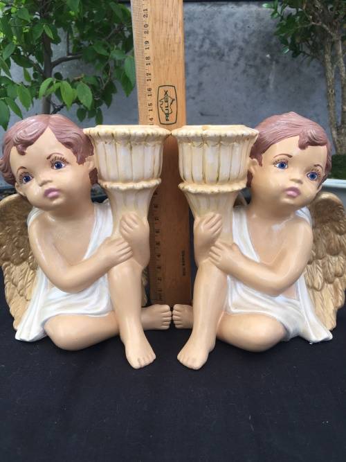 WOW !!! STUNNING PAIR OF HAND PAINTED CERAMIC ANGEL CANDLESTICK HOLDER OR BUD VASE ~ TOO CUTE