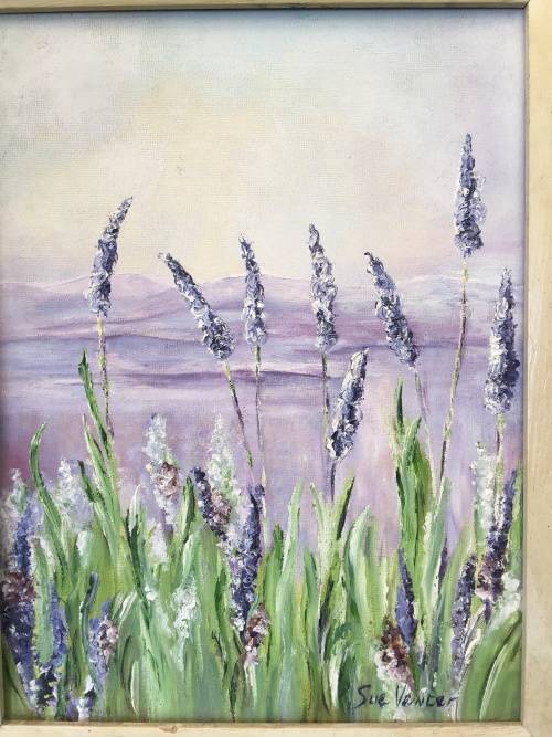 STUNNING FRAMED OIL ON BOARD LAVENDER FLOWERS BY SOUTH AFRICAN ARTIST SUE VENTER signed