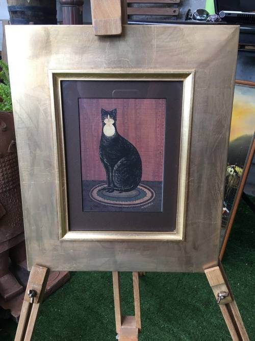 Cat Lovers Delight, W.Kimble Print of a Cat in a Stunning Gold Sprayed Beach wood Frame