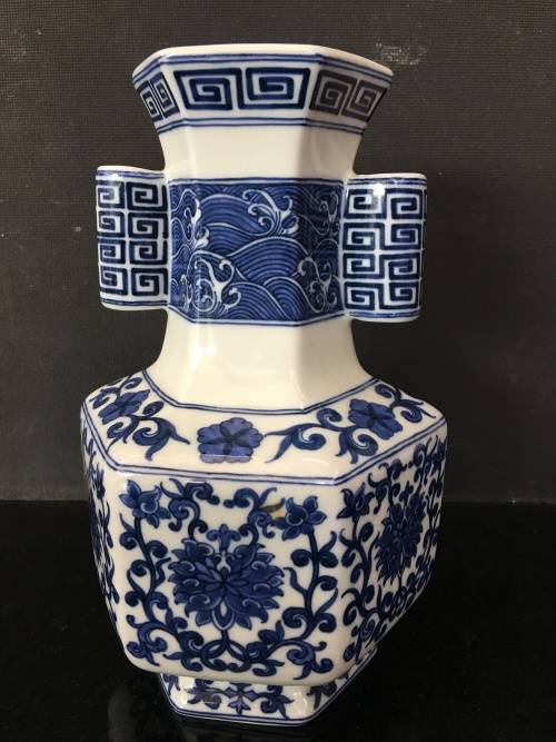 Qing Dynasty 1644-1912 Yongzheng Blue and White Longevity Hexagon Porcelain Vase with double tube
