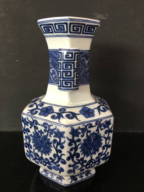 Qing Dynasty 1644-1912 Yongzheng Blue and White Longevity Hexagon Porcelain Vase with double tube