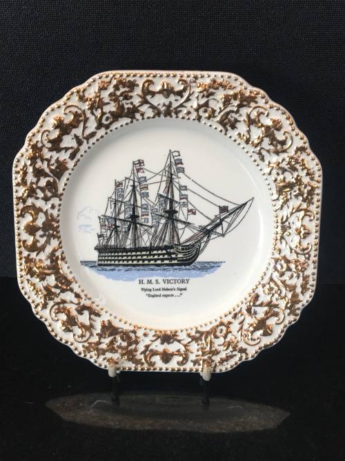 Lord Nelson Pottery England Display Plate with H.M.S. Victory ship. Gold Gilt Edging.