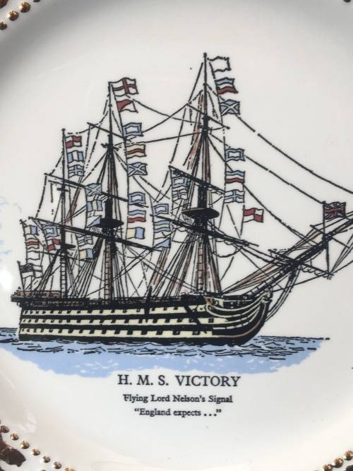 Lord Nelson Pottery England Display Plate with H.M.S. Victory ship. Gold Gilt Edging.