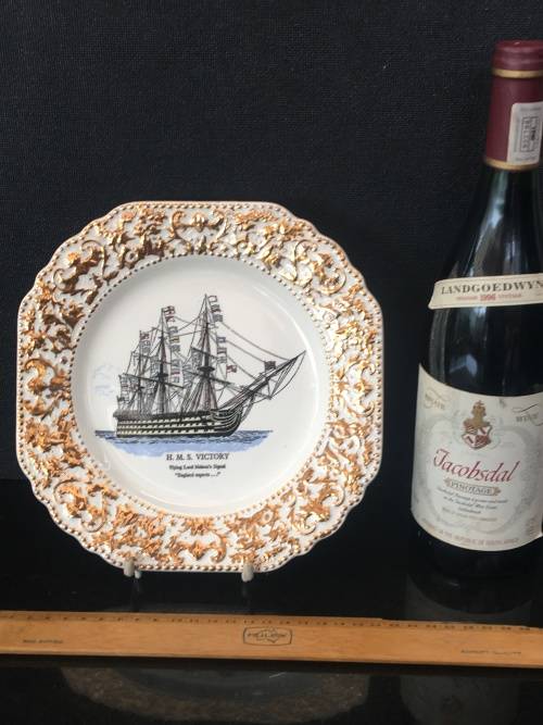 Lord Nelson Pottery England Display Plate with H.M.S. Victory ship. Gold Gilt Edging.