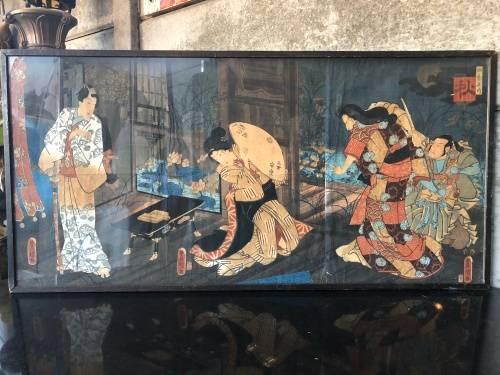 WOW !!! ORIGINAL LARGE JAPANESE WOODBLOCK TRIPTYCH , ALL THREE ARE SIGNED AND FRAMED BEHIND GLASS