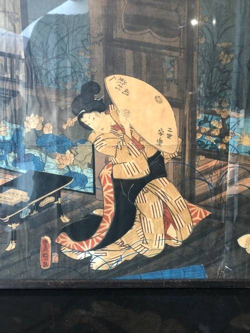 WOW !!! ORIGINAL LARGE JAPANESE WOODBLOCK TRIPTYCH , ALL THREE ARE SIGNED AND FRAMED BEHIND GLASS