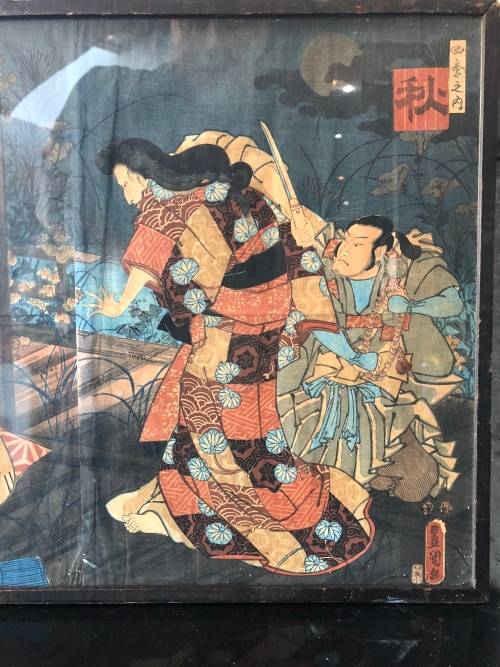 WOW !!! ORIGINAL LARGE JAPANESE WOODBLOCK TRIPTYCH , ALL THREE ARE SIGNED AND FRAMED BEHIND GLASS