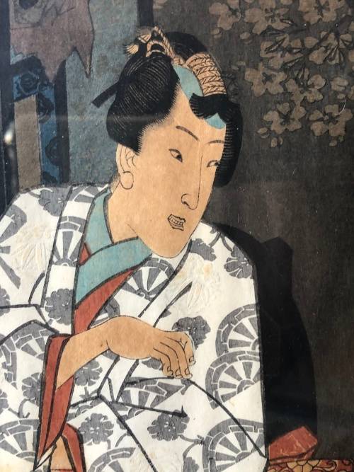 WOW !!! ORIGINAL LARGE JAPANESE WOODBLOCK TRIPTYCH , ALL THREE ARE SIGNED AND FRAMED BEHIND GLASS