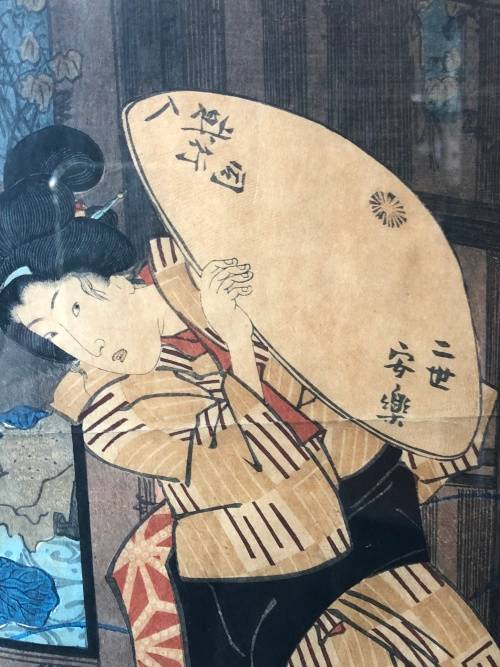 WOW !!! ORIGINAL LARGE JAPANESE WOODBLOCK TRIPTYCH , ALL THREE ARE SIGNED AND FRAMED BEHIND GLASS