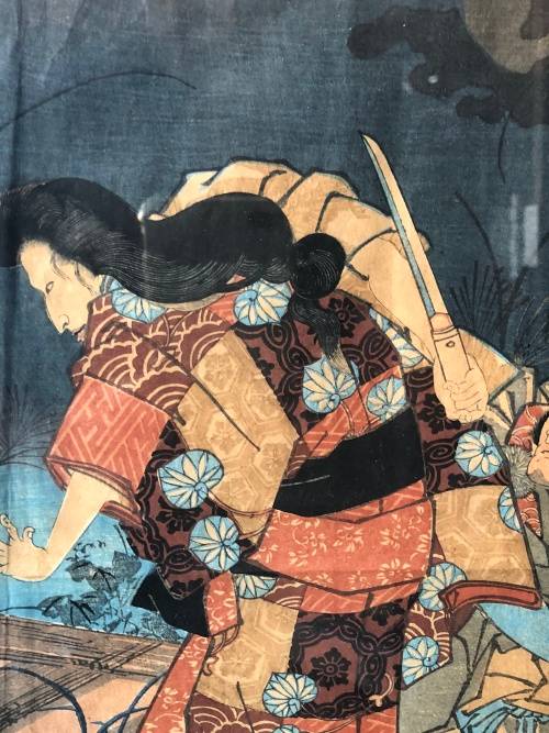 WOW !!! ORIGINAL LARGE JAPANESE WOODBLOCK TRIPTYCH , ALL THREE ARE SIGNED AND FRAMED BEHIND GLASS