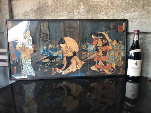 WOW !!! ORIGINAL LARGE JAPANESE WOODBLOCK TRIPTYCH , ALL THREE ARE SIGNED AND FRAMED BEHIND GLASS