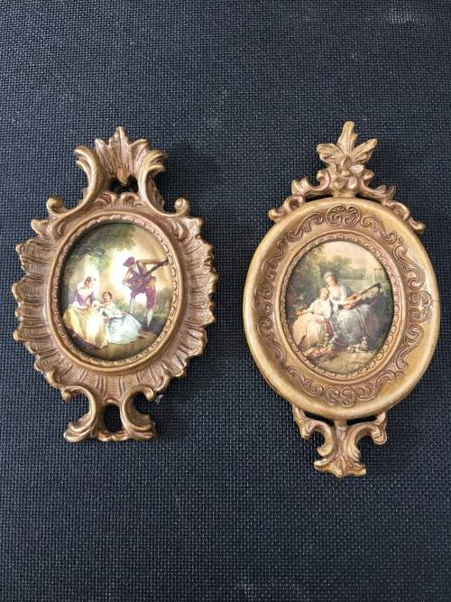 2 Stunning Victorian Pictured Italian Silk in Ornate Gold color Gilt Frames.