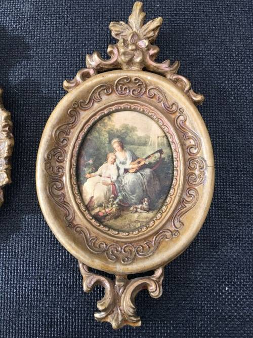 2 Stunning Victorian Pictured Italian Silk in Ornate Gold color Gilt Frames.
