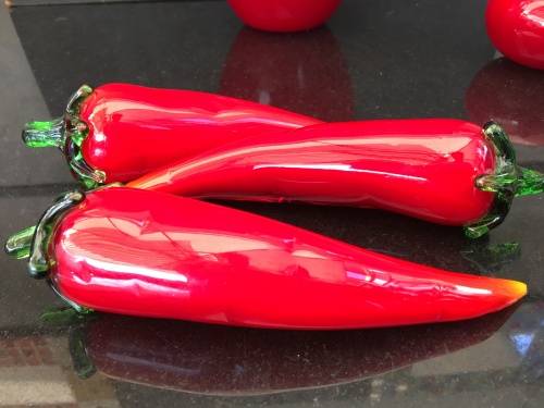 Stunning Vintage  Murano Art Glass Chilli's Natural Bright Red. x 3 -1 tip is chipped