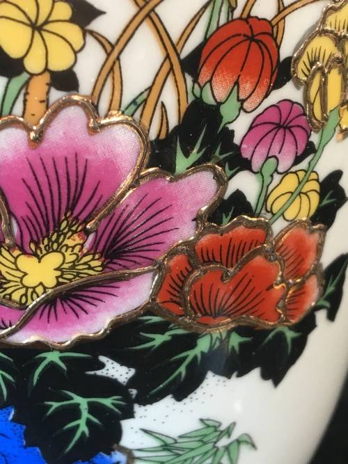 A Stunning Vintage moriage Luxary Vase With Vibrant colors and hand Painted Art of Birds & Flowers