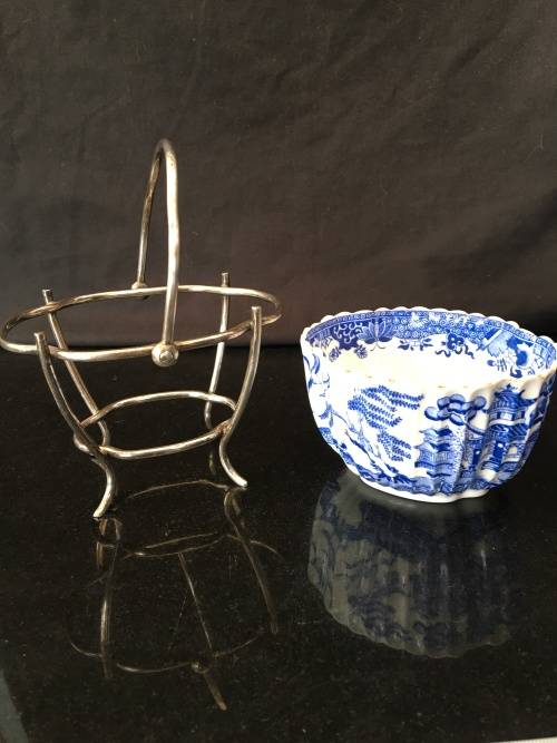 Ultra Rare c1875 Spode Blue & White Willow pattern Scalloped Porcelain Bowl in Silver plated holder
