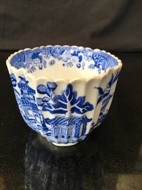 Ultra Rare c1875 Spode Blue & White Willow pattern Scalloped Porcelain Bowl in Silver plated holder