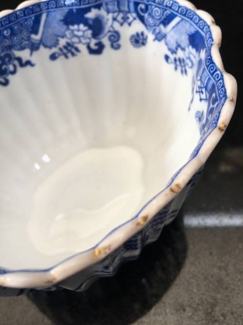 Ultra Rare c1875 Spode Blue & White Willow pattern Scalloped Porcelain Bowl in Silver plated holder