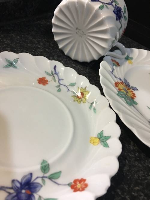 Stunning Rare c1962 Haviland France Lemoges Eggshell scalloped floral fine bone porcelain Trio