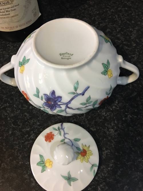 Stunning Rare c1962 Haviland France Lemoges Eggshell scalloped floral fine bone porcelain Sugar Pot