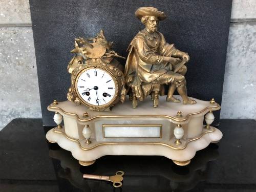 FANTASTIC FRENCH MARBLE AND GILDED BRONZE FIGURAL MANTLE CLOCK WITH KEY WORKING 100%