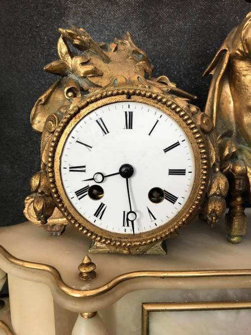 FANTASTIC FRENCH MARBLE AND GILDED BRONZE FIGURAL MANTLE CLOCK WITH KEY WORKING 100%