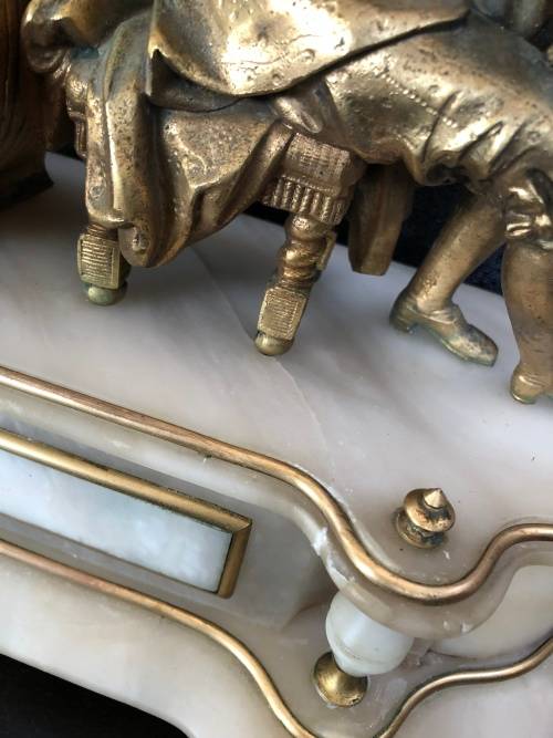 FANTASTIC FRENCH MARBLE AND GILDED BRONZE FIGURAL MANTLE CLOCK WITH KEY WORKING 100%