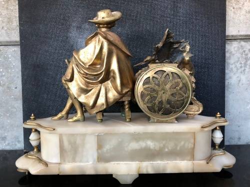 FANTASTIC FRENCH MARBLE AND GILDED BRONZE FIGURAL MANTLE CLOCK WITH KEY WORKING 100%
