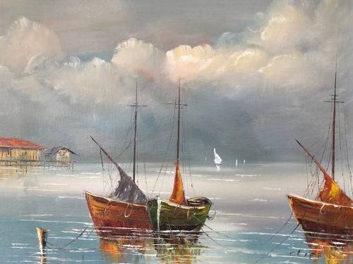 A STUNNING FRAMED ORIGINAL OIL ON BOARD OF BOATS SIGNED BY CLIFF