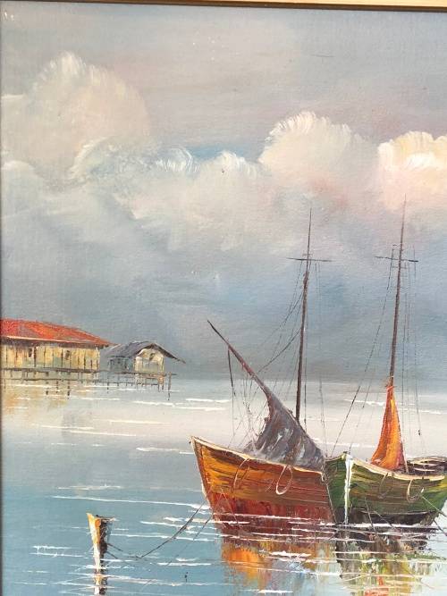 A STUNNING FRAMED ORIGINAL OIL ON BOARD OF BOATS SIGNED BY CLIFF