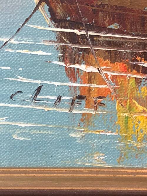 A STUNNING FRAMED ORIGINAL OIL ON BOARD OF BOATS SIGNED BY CLIFF