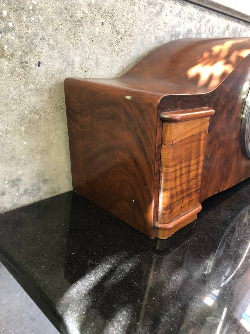 WOW !!! LARGE WOOD CASED ART DECO TRIPLE CHIME MANTLE CLOCK - WORKING BUT NO KEY