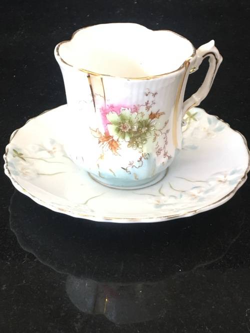 Absolutely Beautiful  Victorian Petite Hand Made Floral Pink & Blue & Gold Demitasse Cup And Saucer