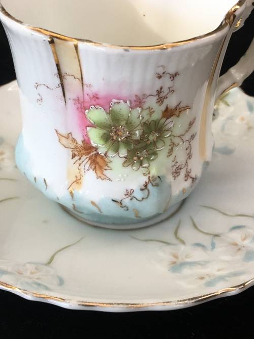 Absolutely Beautiful  Victorian Petite Hand Made Floral Pink & Blue & Gold Demitasse Cup And Saucer