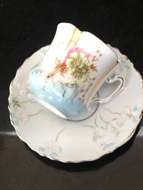Absolutely Beautiful  Victorian Petite Hand Made Floral Pink & Blue & Gold Demitasse Cup And Saucer