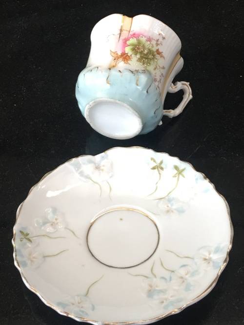 Absolutely Beautiful  Victorian Petite Hand Made Floral Pink & Blue & Gold Demitasse Cup And Saucer