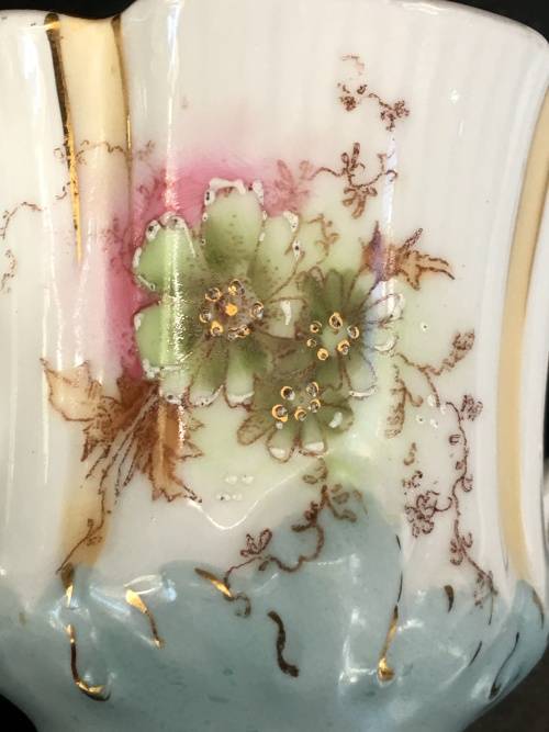 Absolutely Beautiful  Victorian Petite Hand Made Floral Pink & Blue & Gold Demitasse Cup And Saucer