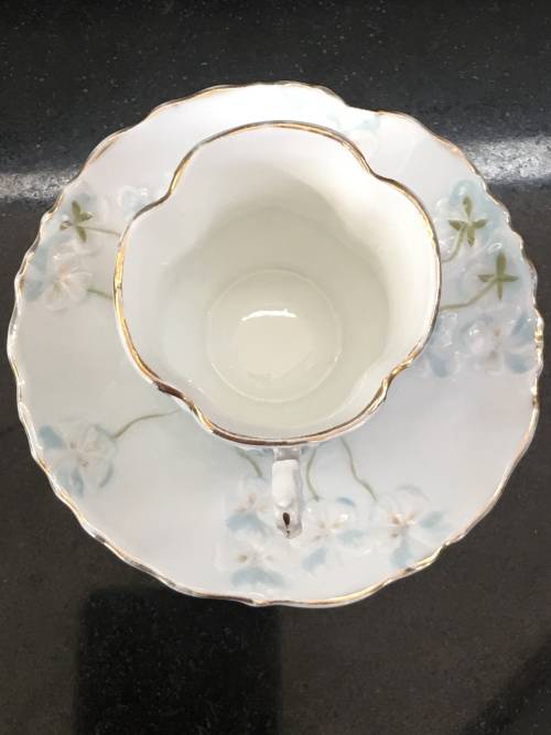 Absolutely Beautiful  Victorian Petite Hand Made Floral Pink & Blue & Gold Demitasse Cup And Saucer