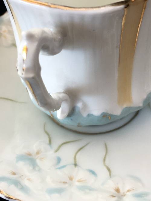 Absolutely Beautiful  Victorian Petite Hand Made Floral Pink & Blue & Gold Demitasse Cup And Saucer
