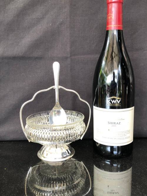 WOW !!! STUNNING VINTAGE EPNS BASKET AND CUT GLASS JAM BOWL COMPLETE WITH SPOON BY MAYELL LONDON